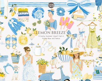watercolor clipart - png illustration - lemon clipart - summer fashion - cottagecore aesthetic - lemon bouquet - pastel dress - lemonade png