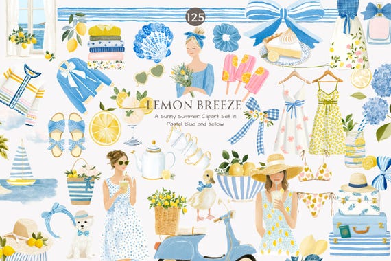 watercolor clipart - png illustration - lemon clipart - summer fashion - cottagecore aesthetic - lemon bouquet - pastel dress - lemonade png