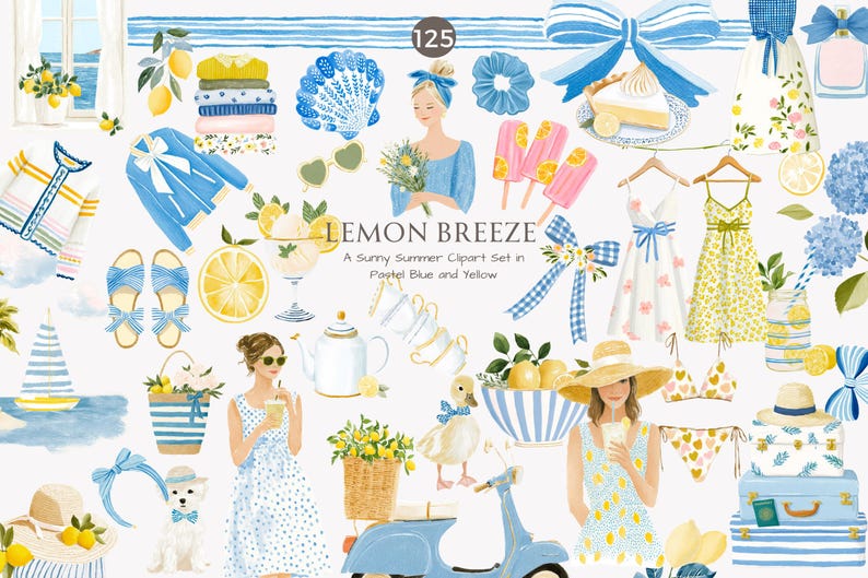 May include: Watercolor clipart set with a summer theme. The image features illustrations of dresses, accessories, and food items in pastel blue and yellow. The text "Lemon Breeze" is visible.