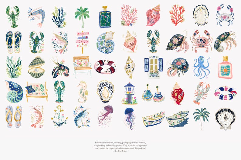 May include: Watercolor illustrations of various beach-themed objects, including seashells, coral, lobsters, and a bench. The artwork features a soft color palette with blue, pink, and green hues. The collection includes a variety of marine life and coastal elements.