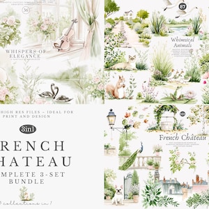 french chateau watercolor clipart bundle, whispers of elegance, whimsical animals, romantic garden art, cottagecore decor set, wedding sets