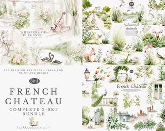 french chateau watercolor clipart bundle, whispers of elegance, whimsical animals, romantic garden art, cottagecore decor set, wedding sets