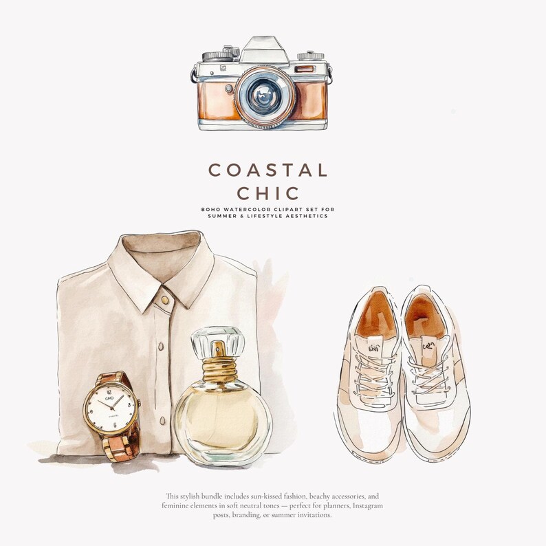May include: A watercolor illustration of a coastal chic clipart set. The set includes a white button-down shirt, a bottle of perfume, a wristwatch, a pair of white sneakers, and a vintage camera. The illustration is in soft neutral tones.