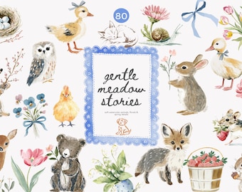 watercolor nursery clipart, woodland animals clipart, baby animals watercolor, spring floral clipart, bunny fox deer duck lamb art