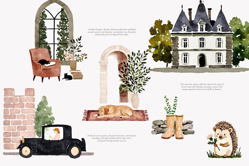 May include: Watercolor illustrations of a French countryside scene. Includes a house, archway, car, and animals. Features a black cat on a chair, a sleeping dog, and a hedgehog. The artwork has a soft, romantic feel.