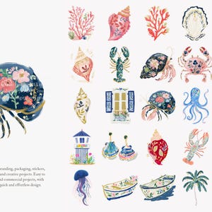 May include: Watercolor illustrations of various sea creatures and nautical elements, including a crab, lobster, seashells, and coral. The crab is navy blue with pink claws and floral details. Other elements include an octopus, boats, and a lighthouse.