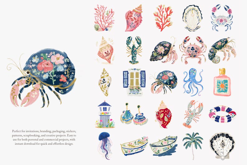 May include: Watercolor illustrations of various sea creatures and nautical elements, including a crab, lobster, seashells, and coral. The crab is navy blue with pink claws and floral details. Other elements include an octopus, boats, and a lighthouse.