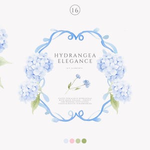 Colección de imágenes prediseñadas de estilo chinoiserie preppy en acuarela rosa: hortensia azul, flores vintage, hortensia rosa, marco azul preppy, flor de boda. imagen 4