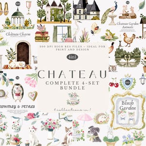 chateau watercolor clipart bundle, french garden animals, floral home decor png, countryside illustrations, 4-set digital download