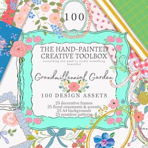 May include: A digital collection titled The Hand-Painted Creative Toolbox Grandmillennial Garden containing 100 design assets including decorative frames, floral ornaments, A4 backgrounds, and seamless patterns with various hand-drawn floral motifs.