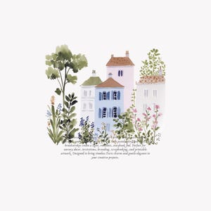 May include: Watercolor illustration of quaint European houses with pastel colors and lush greenery. The image includes text describing the artwork's suitability for nursery decor and creative projects.