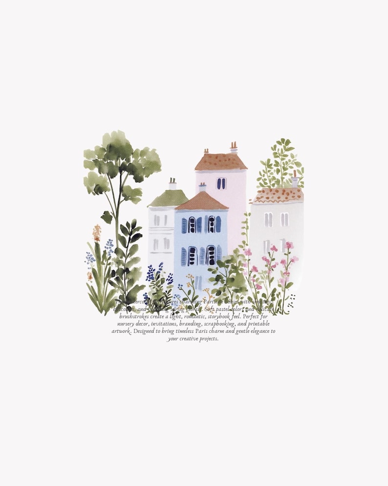 May include: Watercolor illustration of quaint European houses with pastel colors and lush greenery. The image includes text describing the artwork's suitability for nursery decor and creative projects.