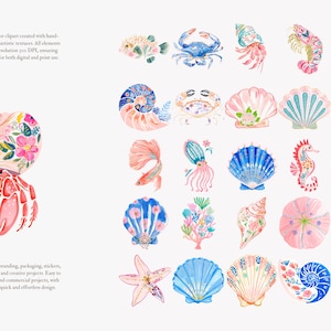 May include: Watercolor clipart featuring various sea creatures and shells in shades of blue, pink, and coral. Includes a hermit crab, fish, crab, shrimp, seahorse, jellyfish, and starfish. The artwork is hand-painted with soft artistic textures.