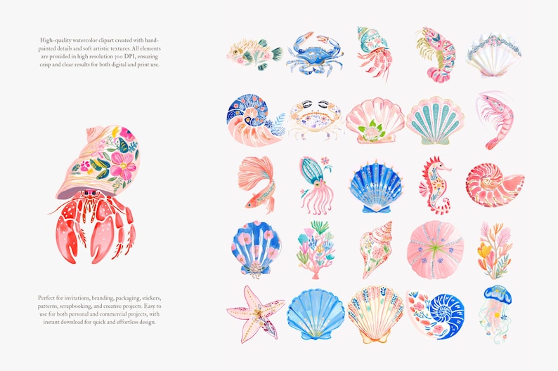 May include: Watercolor clipart featuring various sea creatures and shells in shades of blue, pink, and coral. Includes a hermit crab, fish, crab, shrimp, seahorse, jellyfish, and starfish. The artwork is hand-painted with soft artistic textures.