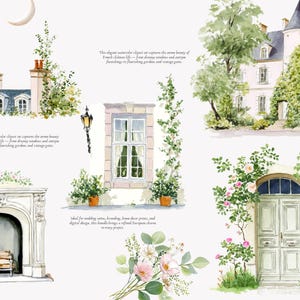 May include: Watercolor illustrations of French architecture, including a chateau, chimney, window, and door, surrounded by greenery and flowers. A crescent moon is in the upper left corner. The text reads: "This elegant watercolor clipart..."