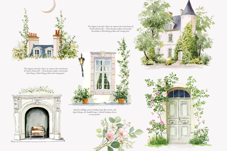 May include: Watercolor illustrations of French architecture, including a chateau, chimney, window, and door, surrounded by greenery and flowers. A crescent moon is in the upper left corner. The text reads: "This elegant watercolor clipart..."
