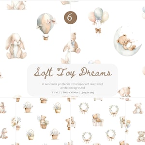 Puede incluir: Ilustraciones en acuarela de juguetes blandos, incluyendo osos de peluche, conejitos, globos aerostáticos y globos. Se muestra el texto "Soft Toy Dreams", junto con los detalles de los patrones y dimensiones: 12"x12". Fondo blanco.