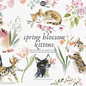 Op de afbeelding: Watercolor clipart set met grillige kittens en bloemelementen. De afbeelding bevat verschillende katten, bloemen en vlinders, met de tekst "spring blossom kittens". Het kleurenpalet omvat roze, groen en bruin.