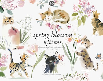 spring kitten watercolor clipart, floral cat png set, gentle spring flowers and whimsical kittens, digital download illustration pack