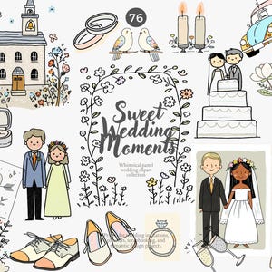 Könnte beinhalten: Eine Sammlung skurriler Illustrationen zum Thema Hochzeit. Das Bild enthält eine Kirche, Eheringe, Tauben, Kerzen, ein Auto, einen Umschlag, einen Anzug, eine Torte, ein Brautpaar, Schuhe und den Text "Sweet Wedding Moments."