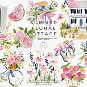 May include: Watercolor illustration with the text "SUMMER FLORAL COTTAGE". The image features a house, bicycle, flowers, fruit, and accessories in soft pastel tones. The image includes a watermelon slice, a hat, and sunglasses.