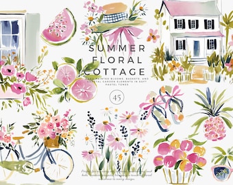 summer floral cottage watercolor clipart, coastal garden clipart, pink citrus flowers, beach house watercolor set, hand painted blooms