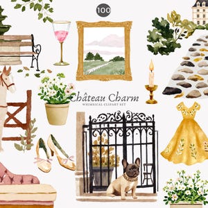 May include: Watercolor clipart set featuring various elements: a horse, a bench, a wine glass, a framed landscape, a candle holder, a dress, a dog, a chaise lounge, and a peacock. The text "Ch&acirc;teau Charm" is also present.