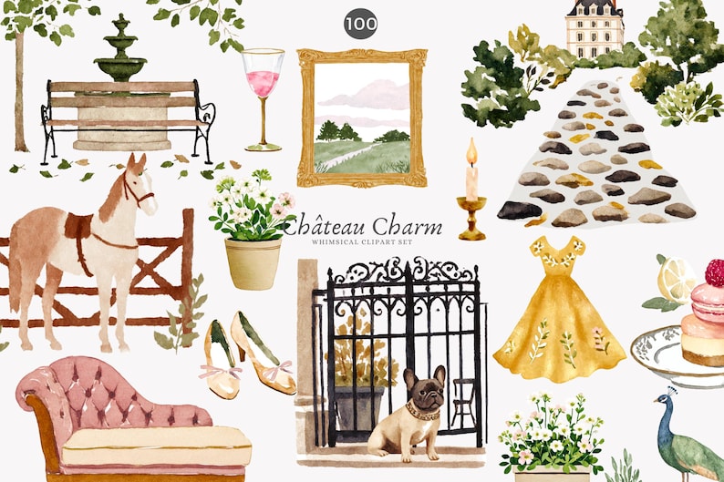 May include: Watercolor clipart set featuring various elements: a horse, a bench, a wine glass, a framed landscape, a candle holder, a dress, a dog, a chaise lounge, and a peacock. The text "Ch&acirc;teau Charm" is also present.