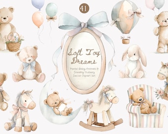 soft toy - nursery clipart - baby animals - pastel decor - teddy bear - bunny clipart - rocking horse - moon bear - kids graphics - dreamy