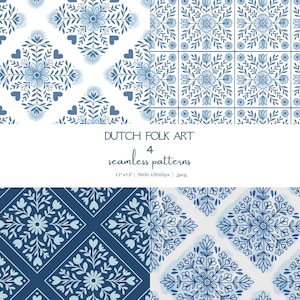 Könnte beinhalten: Vier nahtlose Muster mit dem Thema niederländische Volkskunst. Die Muster zeigen florale und geometrische Designs in Blau- und Weißtönen. Der Text "DUTCH FOLK ART" und "4 seamless patterns" ist in der Mitte des Bildes zu sehen.