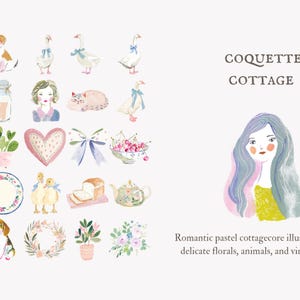 May include: Watercolor illustrations featuring a coquette cottage theme. The image includes drawings of animals, florals, and vintage elements. Text reads "COQUETTE COTTAGE" and "Romantic pastel cottagecore illustrations with delicate florals, animals, and vintage charm."