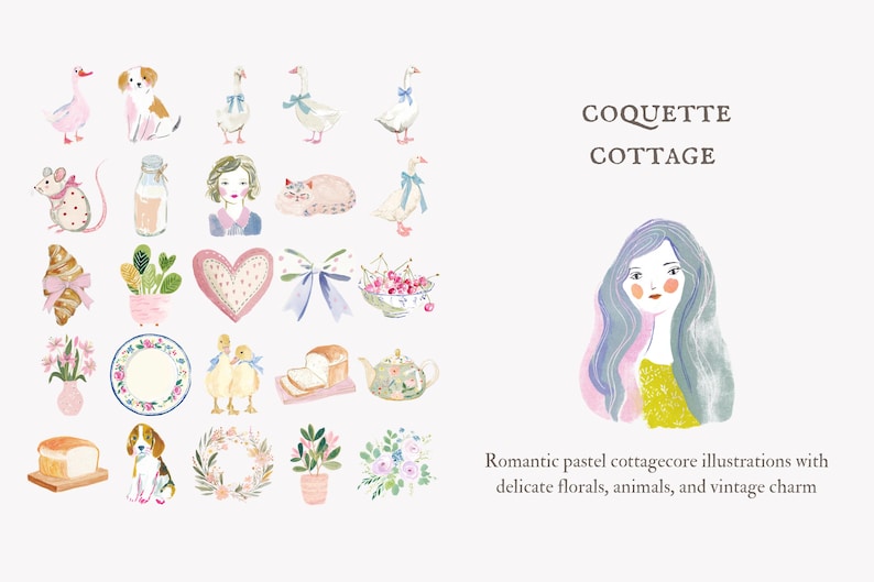 May include: Watercolor illustrations featuring a coquette cottage theme. The image includes drawings of animals, florals, and vintage elements. Text reads "COQUETTE COTTAGE" and "Romantic pastel cottagecore illustrations with delicate florals, animals, and vintage charm."