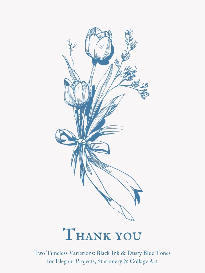 K&ouml;nnte beinhalten: Blau-Tinte-Illustration eines Blumenstrau&szlig;es mit Tulpen, gebunden mit einem Band. Darunter steht &bdquo;THANK YOU&ldquo;, mit Text zur Beschreibung des Designs f&uuml;r elegante Projekte, Schreibwaren und Collage-Kunst.