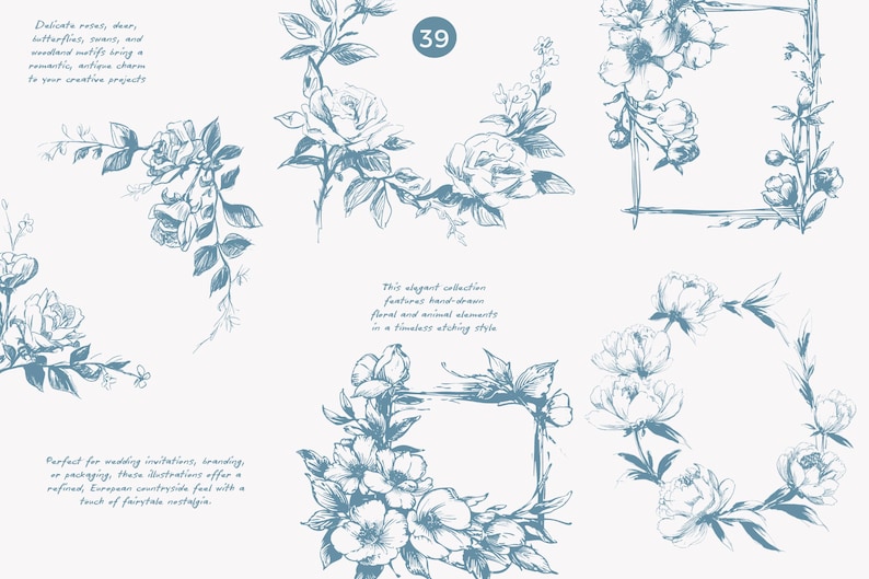 Może przedstawiać: Kolekcja niebieskich ilustracji kwiatowych, w tym r&oacute;że i inne kwiaty, w stylu vintage. Obraz zawiera kwiatowe ramki i narożniki, idealne do zaproszeń i brandingu.