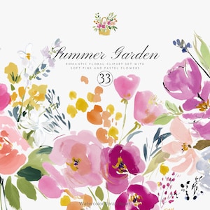 Peut inclure: Ensemble de cliparts floraux à l'aquarelle intitulé "Summer Garden" avec des fleurs roses douces et pastel. L'image présente une variété de fleurs dans les tons de rose, jaune, orange et violet, avec des feuilles vertes. Le nombre "33" est dans un cercle.