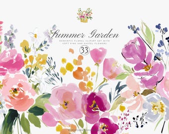May include: Watercolor floral clipart set titled "Summer Garden" with soft pink and pastel flowers. The image features a variety of flowers in shades of pink, yellow, orange, and purple, with green leaves. The number "33" is in a circle.