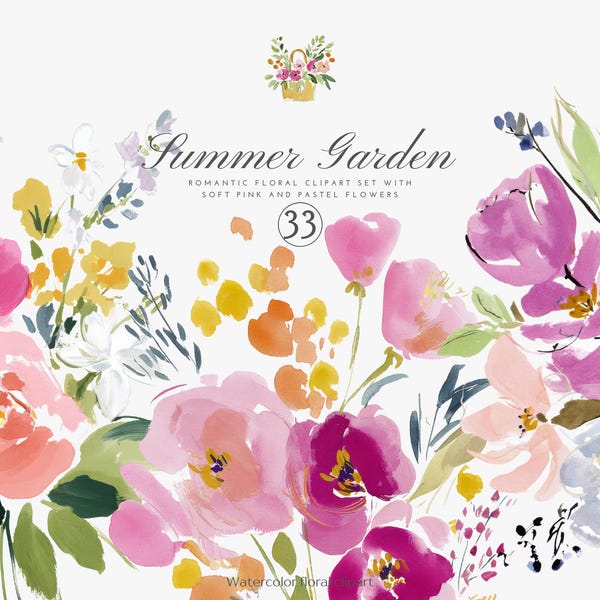 zomertuin aquarel bloemen clipart set, handgeschilderde roze en pastel bloemboeketten, heldere lente png-bundel voor huwelijksuitnodigingen