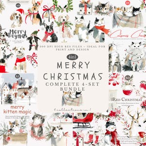 merry christmas clipart bundle 4-in-1, watercolor dogs cats winter scenes, festive red green holiday illustrations, high-res jpeg set
