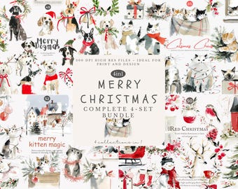 May include: A watercolor illustration featuring dogs and cats in festive Christmas scenes. The image includes text that reads "Merry Christmas" and "Merry Dogmas". The artwork is ideal for print and design.