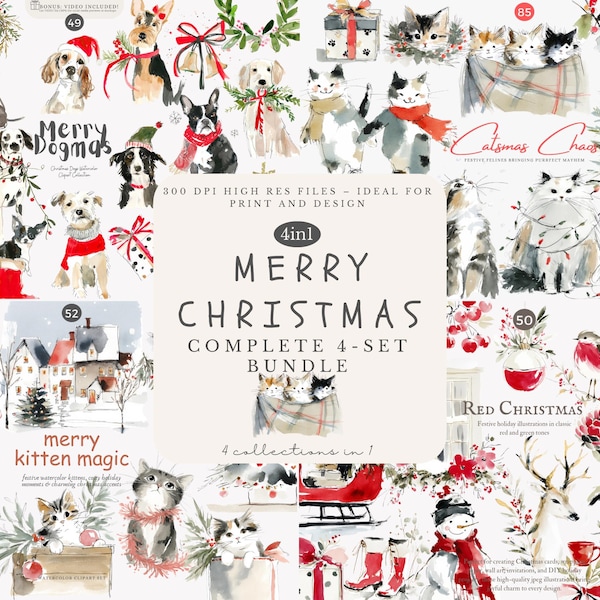Pacchetto clipart di Buon Natale 4 in 1, scene invernali con cani e gatti acquerellati, illustrazioni festive in rosso e verde, set jpeg ad alta risoluzione