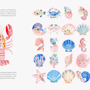 May include: Watercolor clipart featuring various marine life illustrations. The collection includes a lobster, fish, crab, shrimp, seashells, seahorse, and jellyfish. The artwork uses a soft color palette of pink, blue, and yellow.