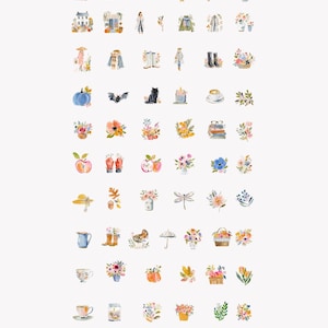 Puede incluir: Una colecci&oacute;n de 60 im&aacute;genes predise&ntilde;adas de acuarela con un tema oto&ntilde;al acogedor. Las im&aacute;genes incluyen casas, personas, ropa, flores, calabazas y otros elementos relacionados con el oto&ntilde;o. El texto en la parte inferior dice "Cozy Fall Clipart Collection for Seasonal Branding & Warm Autumn Design."