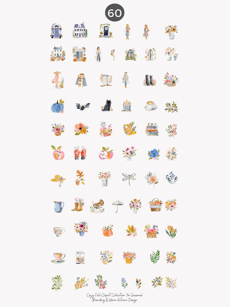 Puede incluir: Una colecci&oacute;n de 60 im&aacute;genes predise&ntilde;adas de acuarela con un tema oto&ntilde;al acogedor. Las im&aacute;genes incluyen casas, personas, ropa, flores, calabazas y otros elementos relacionados con el oto&ntilde;o. El texto en la parte inferior dice "Cozy Fall Clipart Collection for Seasonal Branding & Warm Autumn Design."