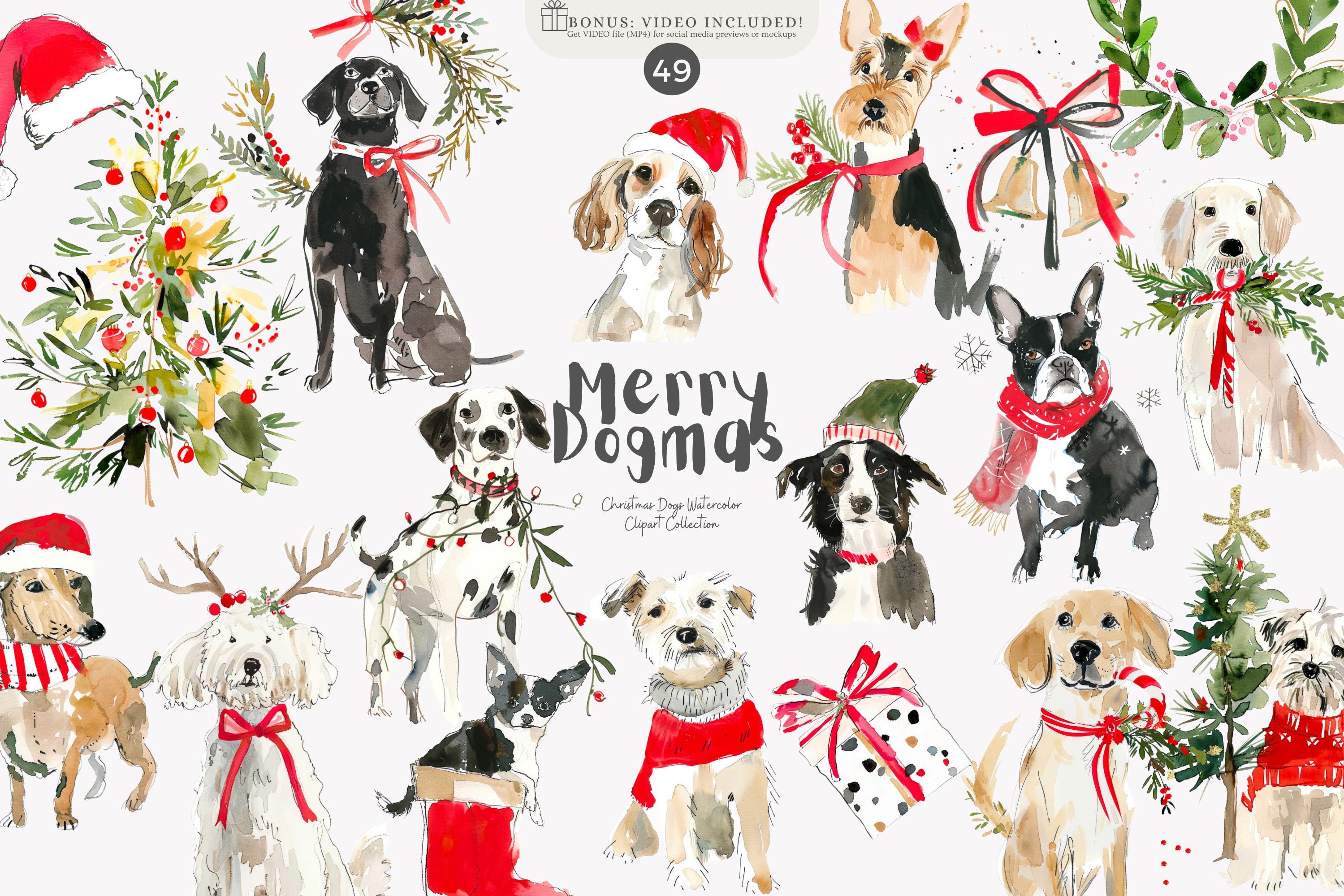 watercolor clipart - christmas dog illustration - holiday art - pet clipart - festive puppy - xmas animals - dog illustration -dog clipart