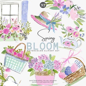 Könnte beinhalten: Aquarell-Cliparts-Set mit Frühlingsblüten-Thema. Das Bild zeigt Blumenkörbe, Teetassen, Gartenelemente und den Text "Spring Bloom Watercolor Clipart Set". Die Farbpalette umfasst Rosa-, Blau- und Grüntöne.