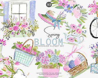 spring bloom watercolor clipart set, floral basket clipart, pastel flower teapot, pink garden boots, easter basket, cottage window art