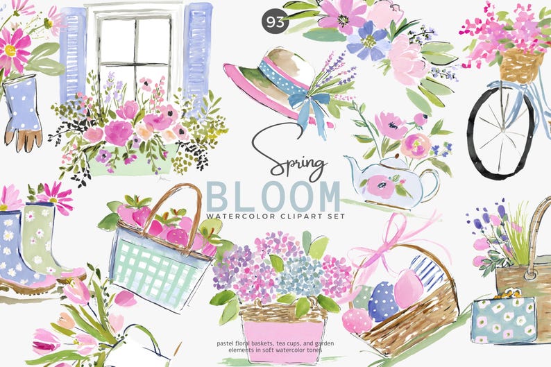 May include: Watercolor clipart set with a spring bloom theme. The image features floral baskets, tea cups, garden elements, and the text "Spring Bloom Watercolor Clipart Set". The color palette includes pinks, blues, and greens.