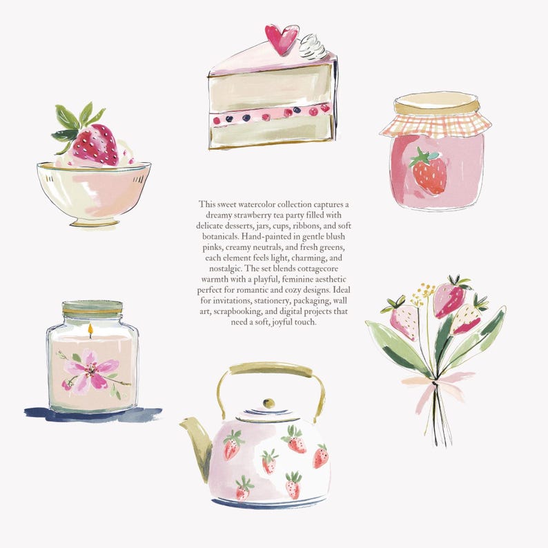 Puede incluir: Ilustraci&oacute;n en acuarela de una fiesta de t&eacute; con fresas con postres, tarros, tazas y una tetera. La imagen presenta una porci&oacute;n de pastel, un cuenco de fresas y un tarro de mermelada. El texto dice: "Esta dulce colecci&oacute;n de acuarelas captura..."