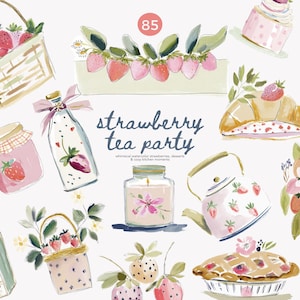 Puede incluir: Ilustraciones en acuarela de una fiesta de t&eacute; de fresas. La imagen presenta varios postres, tazas de t&eacute;, una tetera y cestas llenas de fresas. Tambi&eacute;n se incluye el texto "strawberry tea party".