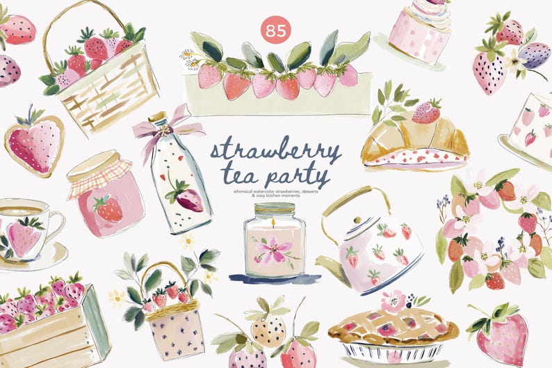 Puede incluir: Ilustraciones en acuarela de una fiesta de t&eacute; de fresas. La imagen presenta varios postres, tazas de t&eacute;, una tetera y cestas llenas de fresas. Tambi&eacute;n se incluye el texto "strawberry tea party".